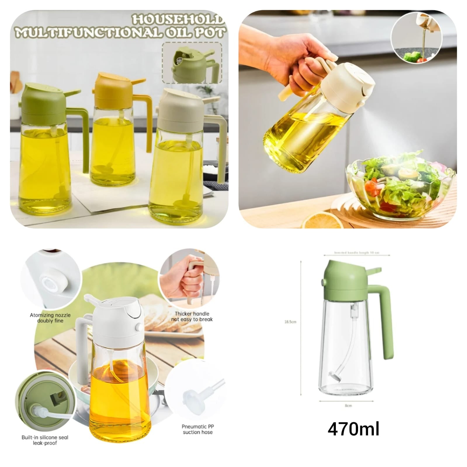 2-In-1 Oil Spray Bottle | Adjustable Mist & Dispenser | 470ml Leak-Proof Glass Container | For Cooking, BBQ, Baking & Air Fryer 500ml (Random Colo