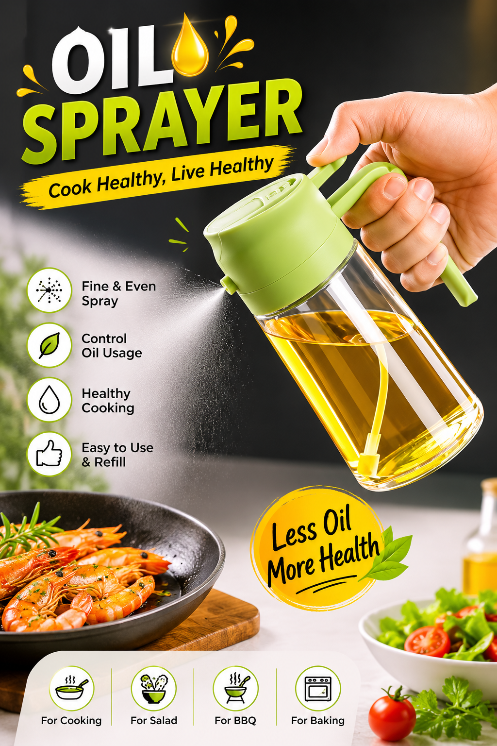 2-In-1 Oil Spray Bottle | Adjustable Mist & Dispenser | 470ml Leak-Proof Glass Container | For Cooking, BBQ, Baking & Air Fryer 500ml (Random Colo